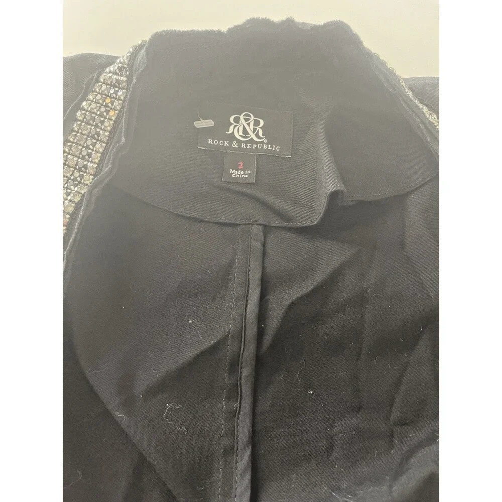 Rock & Republic Black Jacket Blazer Rhinestone Sz 2 Moto Party Rock Y2K Goth